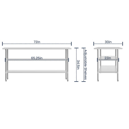 Flash Furniture Stainless Steel 18 Gauge Work Table with 2 Undershelves - 72" W x 30" D x 34.5" H, NSF