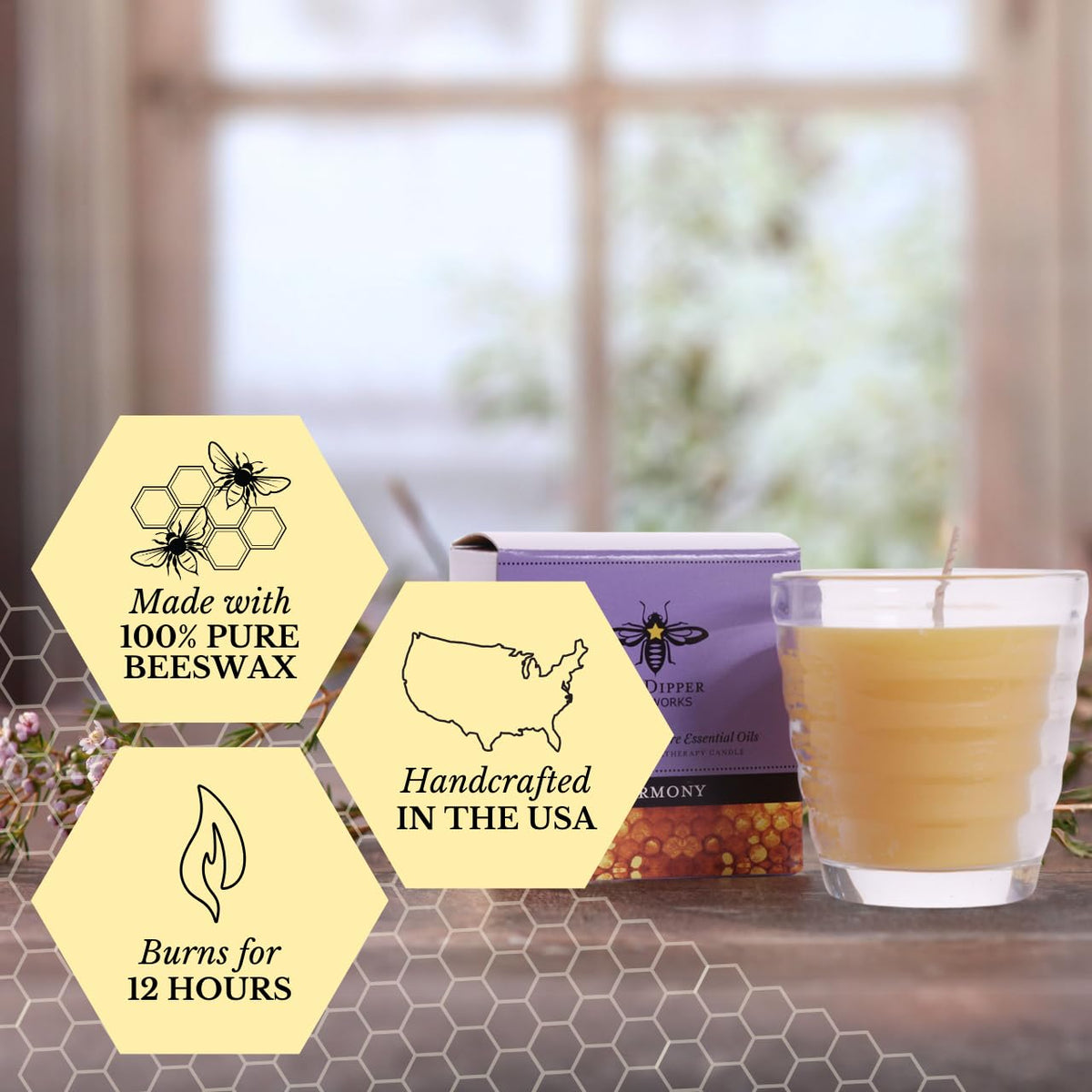 Big Dipper Wax Works Beeswax Aromatherapy Candle, Harmony - Pure Lavender Essential Oil, Beehive Glass, 100% Natural Beeswax & Soy Wax Blend, 25-Hour Clean Burn, Relaxation & Stress Relief, 2" x 2.5"