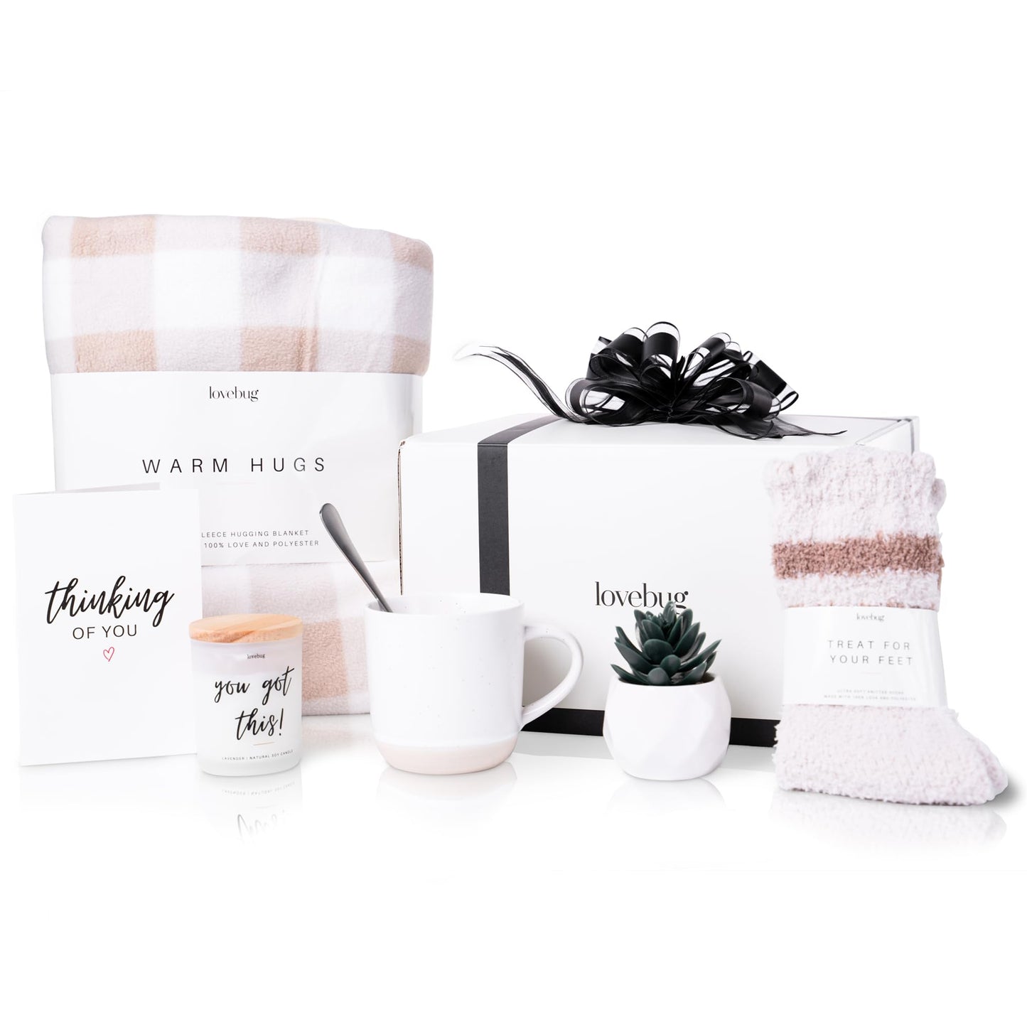 lovebug Get Well Soon Gift Basket for Women – After Surgery Gifts, Feel Better Care Package with Blanket, Candle, Socks, Mug, Spoon, Succulent – Thinking of You Self Care Gifts for Women Basket