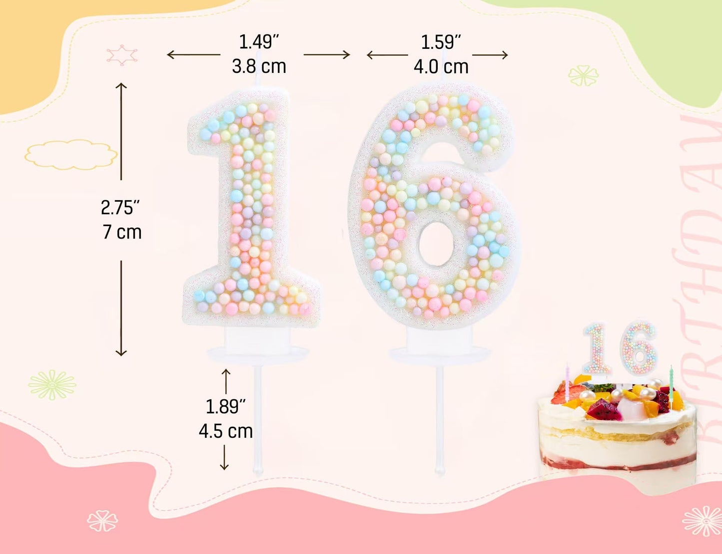 EAKE Sweet 16 Birthday Candle Macaron Glitter 3D Number 16 Candles for Birthday Cakes Girl Women Pastel Theme Sixteen Years Old Birthday Wedding Anniversary Party Cake Decoration