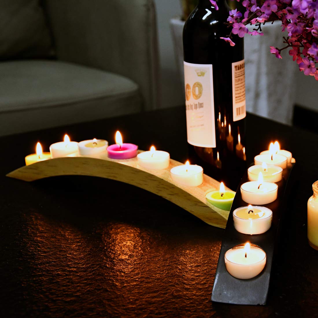 Wooden Tea Light Candle Holder Bar, Bridge Candle Holder Tray - 7 Holes - Natural Wood Color