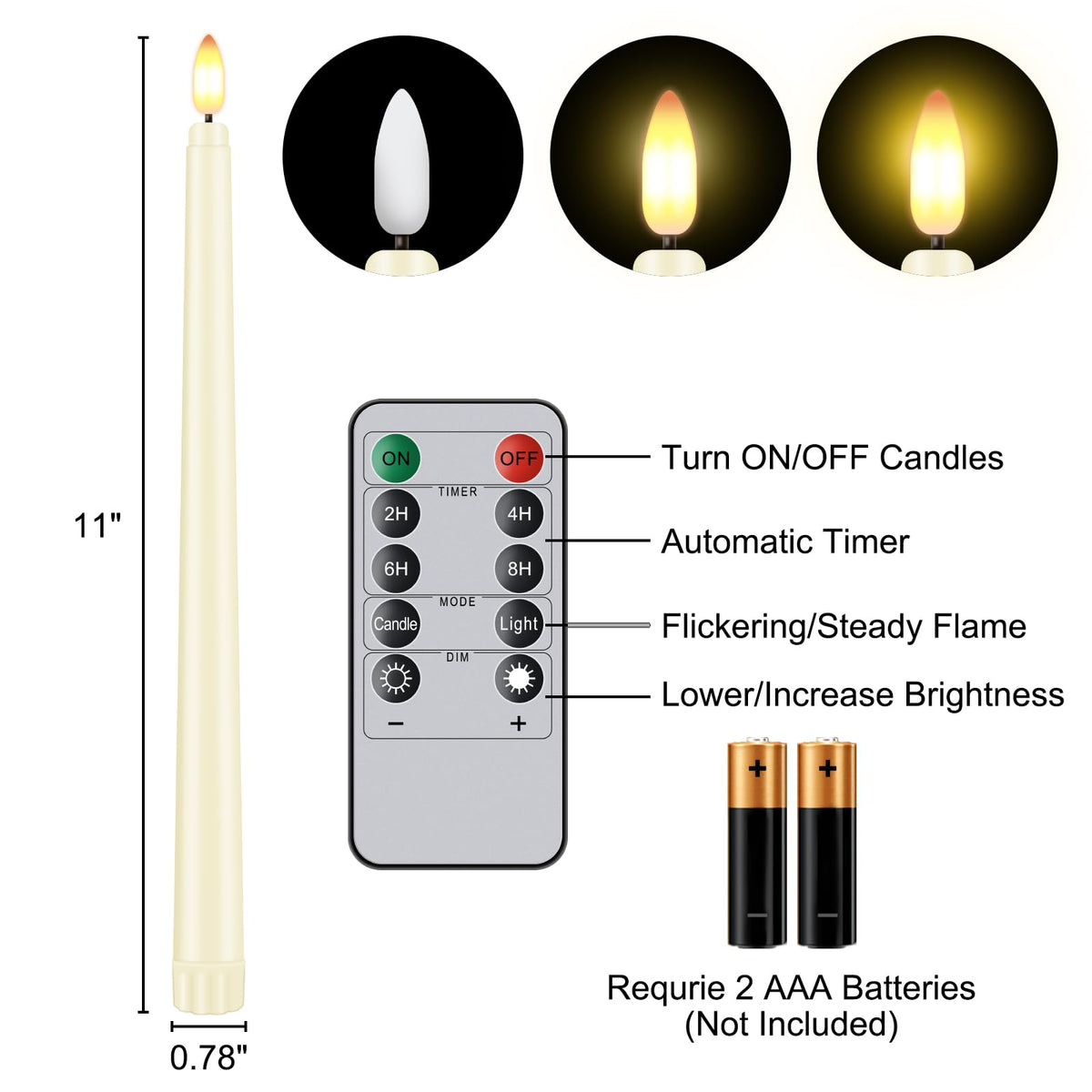 Hopule 12 Pcs Flickering Flameless LED Taper Candles, 11" Long Fake Taper Candles Battery Operated with Remote Timer, Ivory Plastic Electric Candlesticks for Wedding Party Christmas Holiday