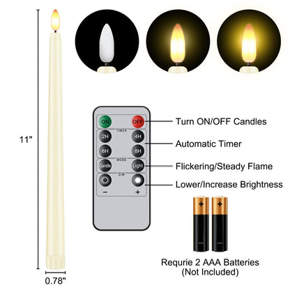 Hopule 12 Pcs Flickering Flameless LED Taper Candles, 11" Long Fake Taper Candles Battery Operated with Remote Timer, Ivory Plastic Electric Candlesticks for Wedding Party Christmas Holiday
