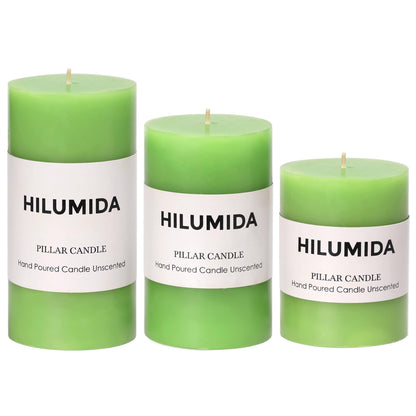Green Pillar Candles Set of 3 - Spring Green Candles Decorations, Hand-Poured Unscented Candle, Smokeless Decorative Candle for Home, Set of 3 in Different Sizes (4", 5", 6")