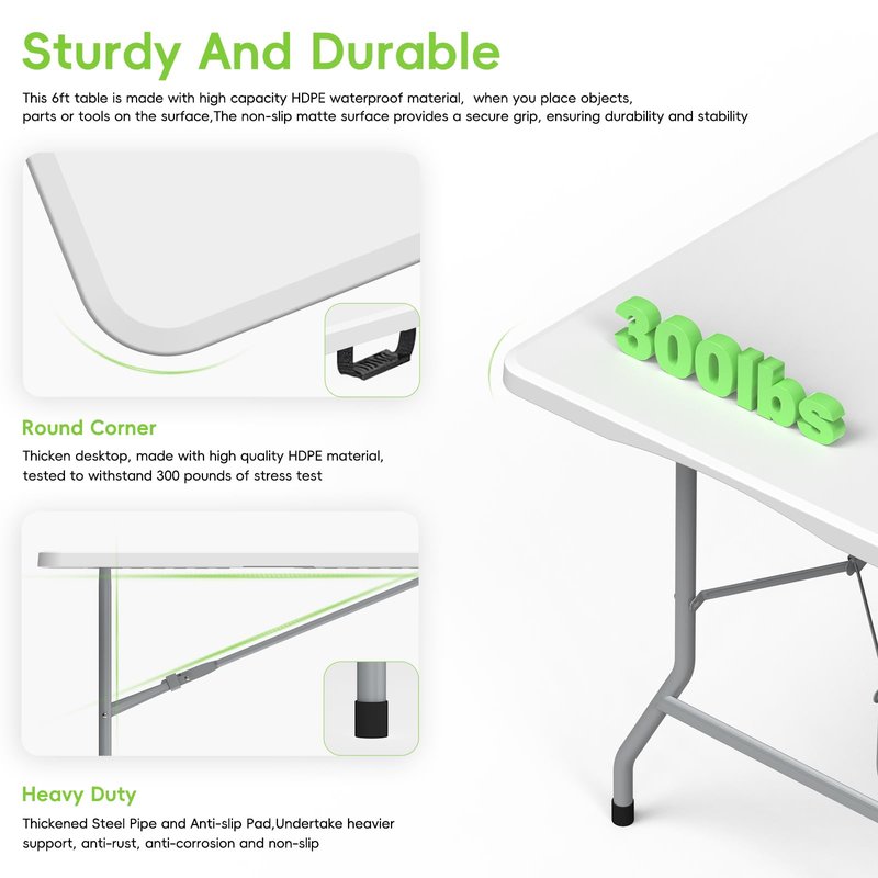 HLPB Folding Table - 2 Pcs, 6 ft Portable Camping Table with Handle and Safety Locks, Foldable Plastic Dining Table for Indoor/Outdoor Use, Perfect for Picnics and Parties