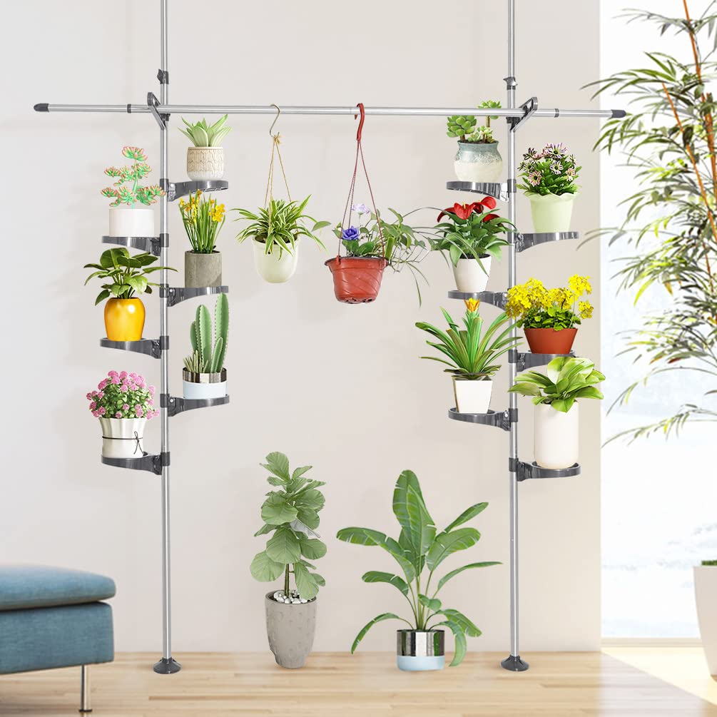 BAOYOUNI Indoor Plant Pole Stand Double Tension Rods Flower Pot Storage Shelf Holders Floor to Ceiling Display Rack Hanger with 12 Trays, 2 Hooks & 1 Telescopic Rod for Clothes Drying, Grey