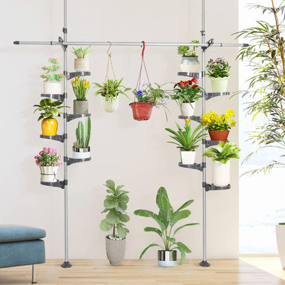 BAOYOUNI Indoor Plant Pole Stand Double Tension Rods Flower Pot Storage Shelf Holders Floor to Ceiling Display Rack Hanger with 12 Trays, 2 Hooks & 1 Telescopic Rod for Clothes Drying, Grey