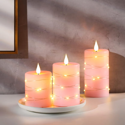 Da by 3 Pack Pink Real Wax Flameless Taper Candles, Lifelike Flickering LED Flame Candles with Surrounding Fairy String Lights, Soft Warm Battery Candles with Remote for Home Wedding Party Decor
