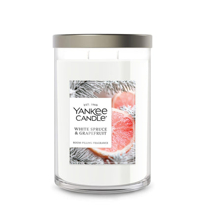 Yankee Candle Large Tumbler Scented Candle with up to 80 Hour Burn Time, Premium Plant Wax Blend for Consistent Burn, 20 oz Tumbler Candle with Room Filling Fragrance, White Spruce & Grapefruit