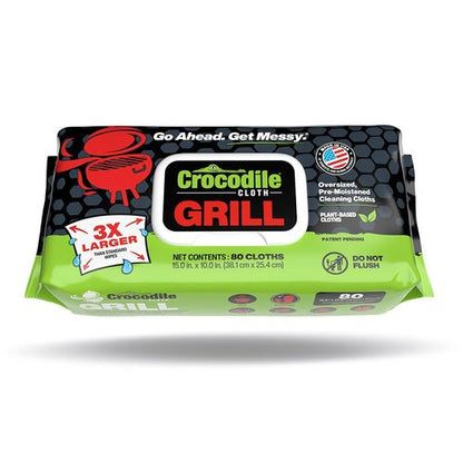 Crocodile Cloth Grill - 80 (15" x 10") Plant-based Cleaning Wipes. Safe on Skin & Multiple Surfaces. Infused with Aloe & Vitamin E. Large, Pre-Moistened & Absorbent.