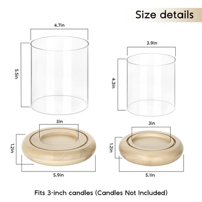 Set of 2 Hurricane Glass Candle Holders with Natural Brown Wood Base Decorative Candle Lantern, Farmhouse Rustic Boho Table Centerpieces Decor for Living Room, Outdoor Home Decor