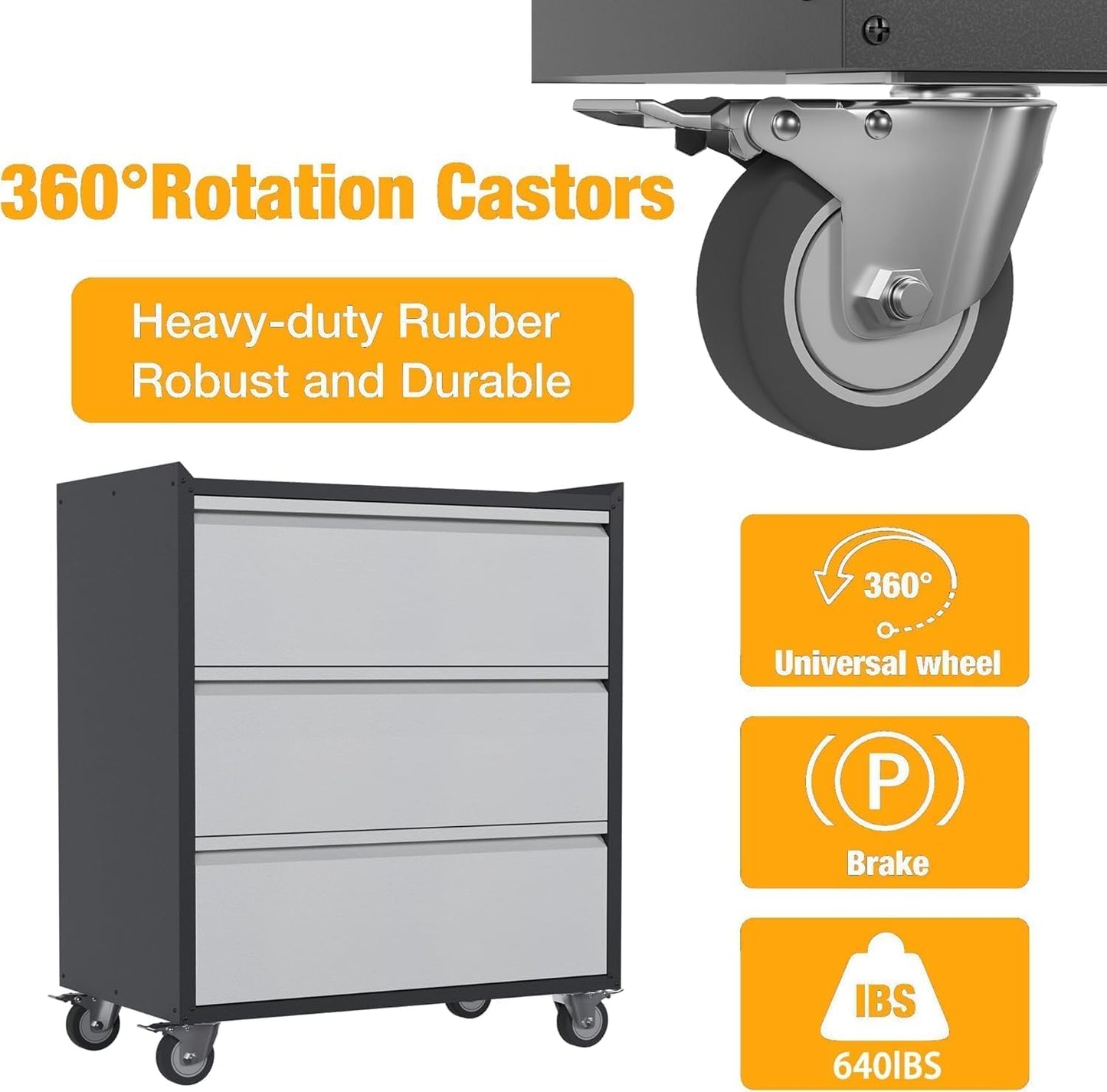 ExploreHorizon Metal Storage Cabinet with 3 Drawers on Wheels, Heavy Duty Rolling Tool Cart, Mobile Tool Chest for Garage, Workshop, Home, Office, Warehouse, Gray