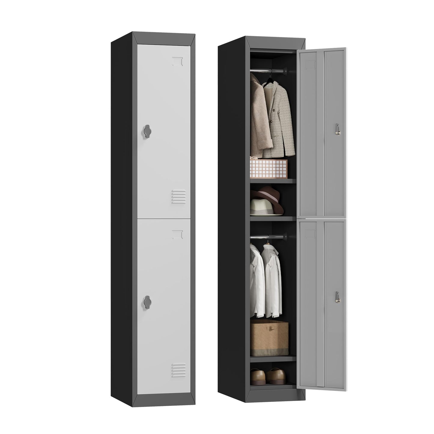 IDEALHOUSE Metal Locker, Metal Storage Cabinet with Shelves and 2 Doors, Perfect for Employees and Students, Fits Schools, Garages, Offices, Gyms, and Homes, Easy Assembly, Grey and Black