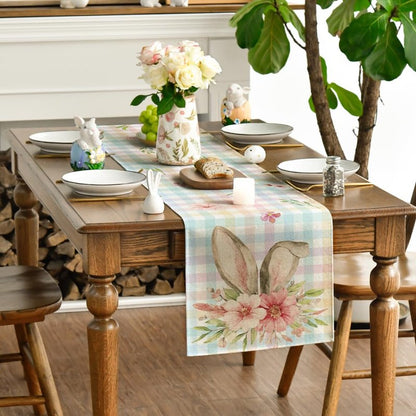 Artoid Mode Colourful Buffalo Plaid Bunny Ears Flower Easter Table Runner, Spring Seasonal Holiday Kitchen Dining Table Decoration for Home Party Decor 13 x 72 Inch
