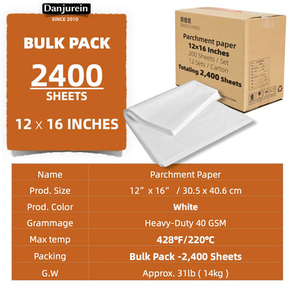 12x16 Inch - 2400 Bulk Sheets Precut Parchment Paper, Heavy-Duty Non-Stick Half-Sheet Liners for Baking Grilling Steaming Bread Cup Cake Cookie and More (White, 12"×16" (30.5×40.6cm) 2400 sheets)