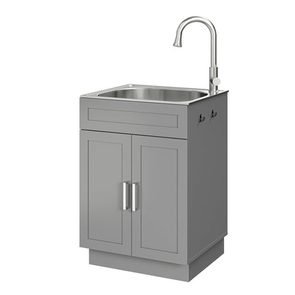 ANCTOR 24 Inch Laundry Sink with Cabinet, Stainless Steel Utility Sink Cabinet with Pull-Out Hot/Cold Faucet Metal Hooks Freestanding Deep Utility Sink for Laundry Utility Room Kitchen Garage