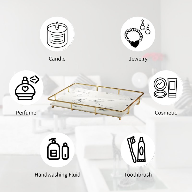 Dobbyby Vanity Tray Makeup Organizer Cosmetics Storage Bathroom Skincare Organizer Countertop Display Rack in Dresser Stainless Steel Shelf Marble Print Ceramic Trays