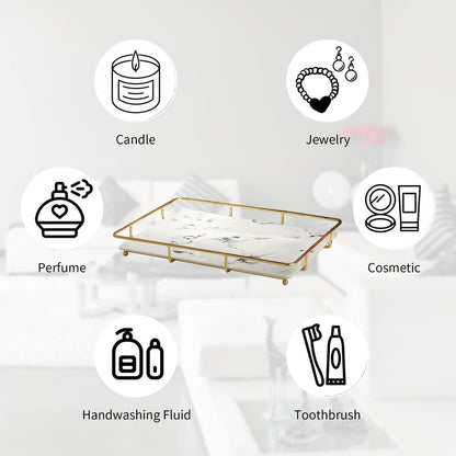 Dobbyby Vanity Tray Makeup Organizer Cosmetics Storage Bathroom Skincare Organizer Countertop Display Rack in Dresser Stainless Steel Shelf Marble Print Ceramic Trays