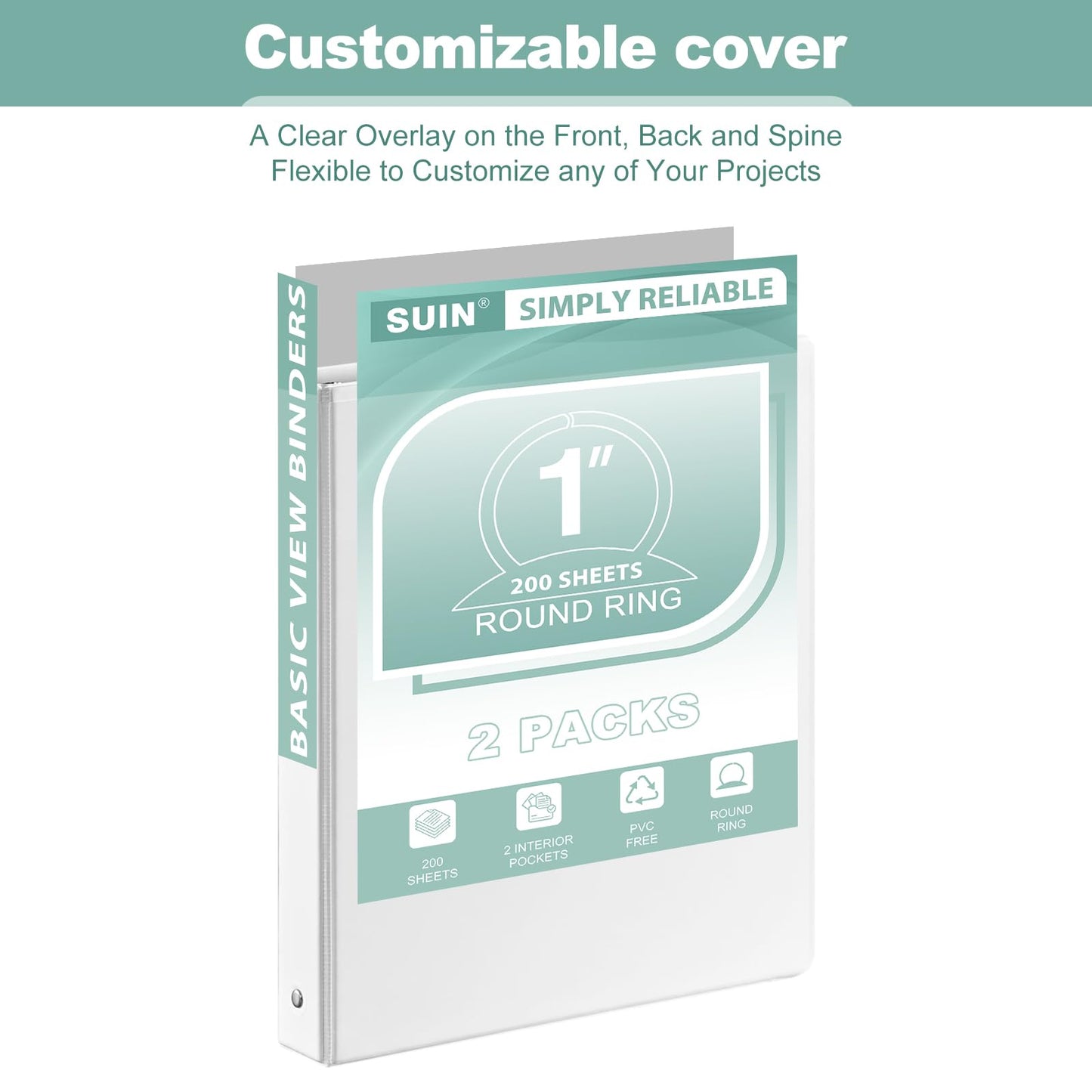 SUIN 1-Inch 3-Ring-Binder, Customizable Clear View Cover, for US Letter Size 8-1/2 x 11'', Perfect for Office/School (White - 2 Packs)
