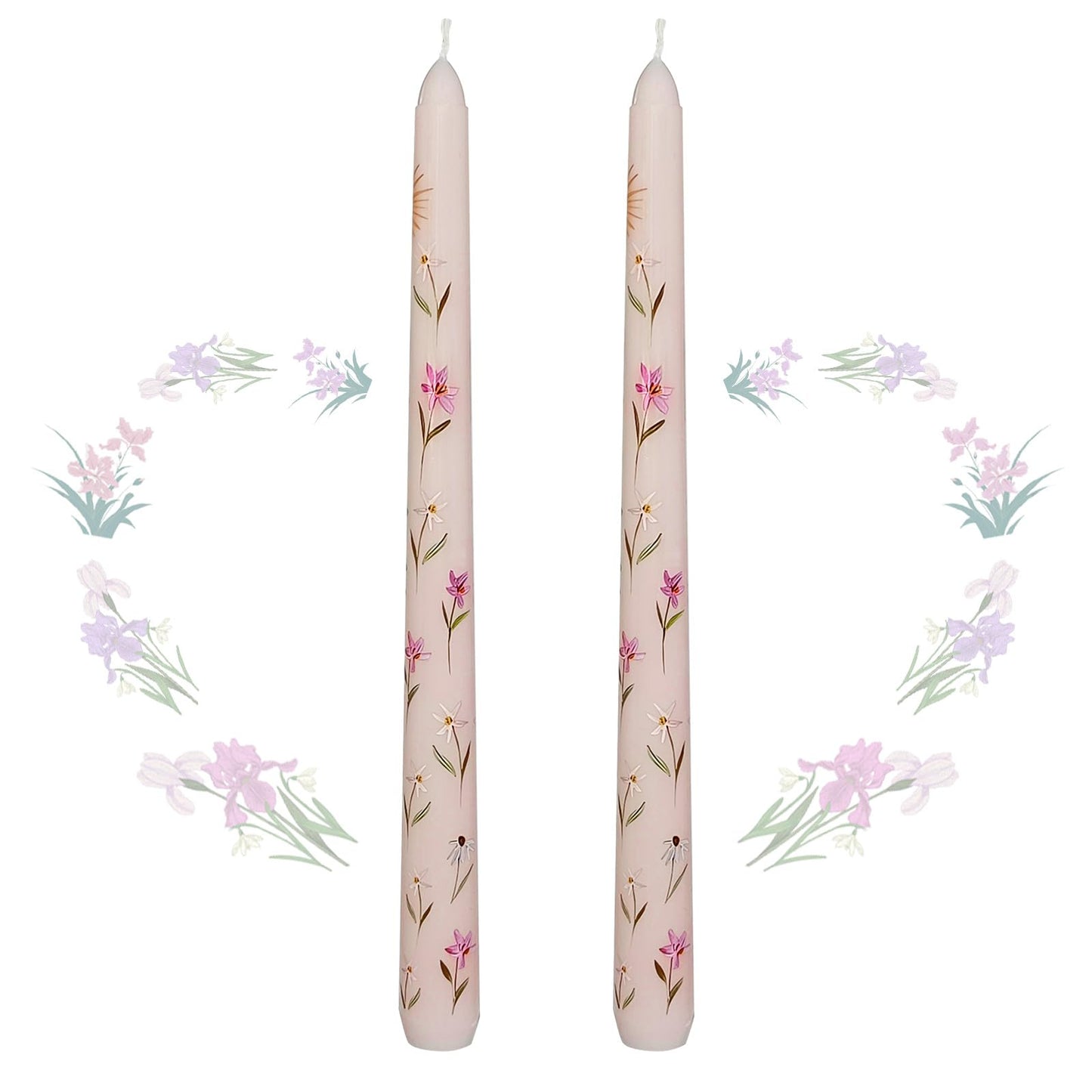 Taper Candles 10 Inch Print Candle Handmade Unscented Light Pink Iris Long Candles 2 Pack Twisted Candlesticks for Wedding Home Decoration Gifts