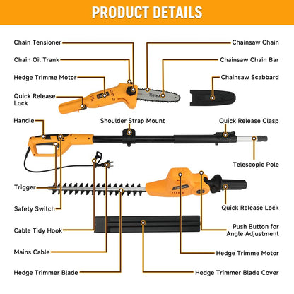 Hoteche 2-in-1 Telescoping Pole Saw & Hedge Trimmer | 500W/700W, 195-253CM, Orange-Black, Color Box