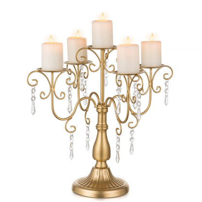 Sziqiqi Candelabra Centerpieces Gold Candle Holder - 5 Arm Pillar Candle Holders with Crystal Beads for Christmas Table Centrepiece Halloween Wedding Candleholders Decoration