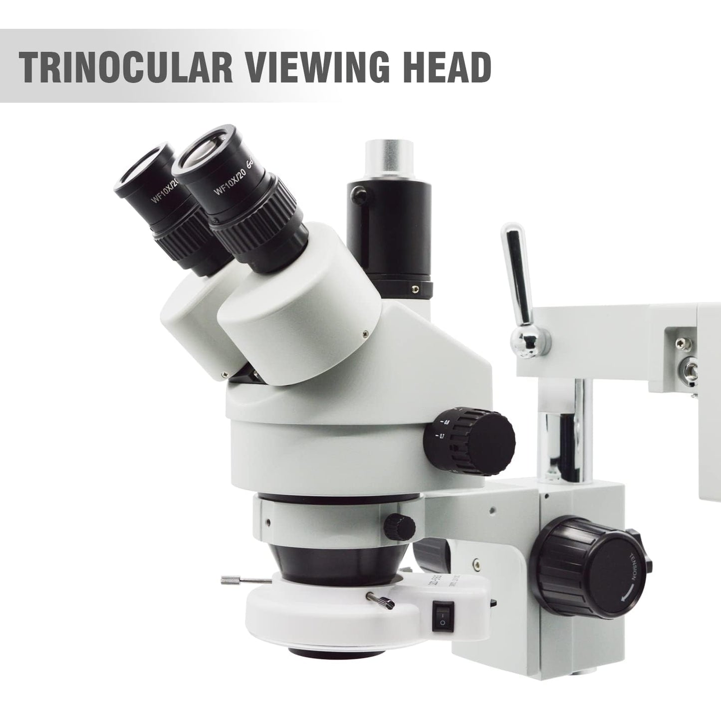 Professional Trinocular Stereo Zoom Microscope, 3.5X-90X Magnification with WF10X Eyepieces, 0.7X-4.5X Zoom Objective and 0.5X & 2.0X Auxiliary Lens, Double-Arm Boom Stand, 56S LED Ring Light