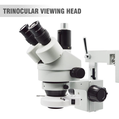 Professional Trinocular Stereo Zoom Microscope, 3.5X-90X Magnification with WF10X Eyepieces, 0.7X-4.5X Zoom Objective and 0.5X & 2.0X Auxiliary Lens, Double-Arm Boom Stand, 56S LED Ring Light