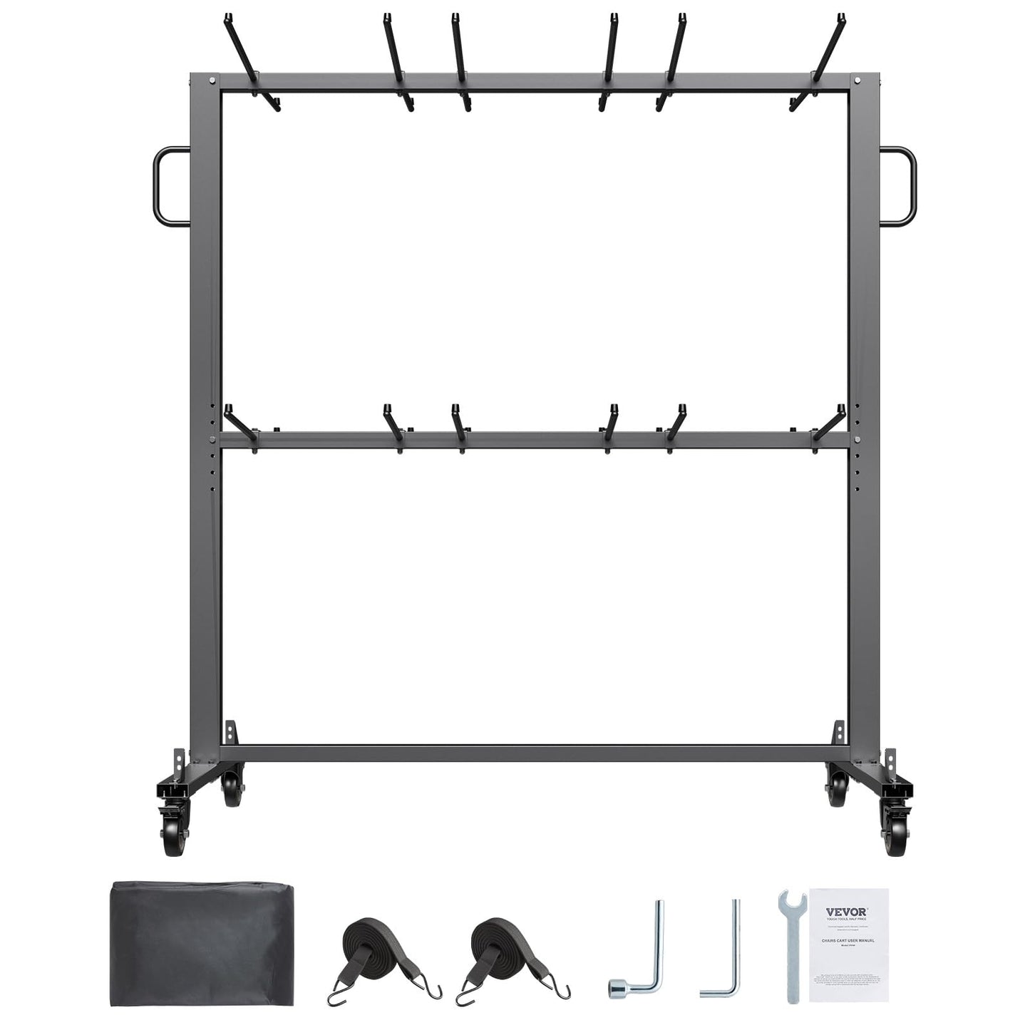 VEVOR Folding Chair Rack, 800 LBS Capacity, Heavy-Duty Chair Cart for 84 Chairs/ 12 Tables+42 Chairs, Dual-Layer Chair Storage Dolly with Rubber Wheels and Holders, Large Chair Holder, Matte Black