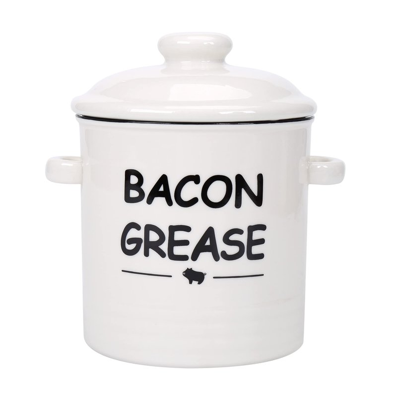 SOLIGT Ceramic Bacon Grease Container with Strainer - 600ml / 20oz Farmhouse Bacon Grease Keeper with Easy-Grip Handle, Bacon Fat Can for Grease Drippings and Storage - Creamy-white