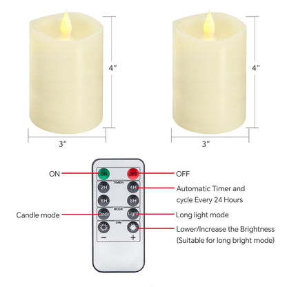 3x4 Flickering Flameless Candles Set of 2, 2AA Battery Life 600 Hours Battery Candles Flickering with Timer,4 inch Flameless Candles with Remote for Indoor/Outdoor, Ivory