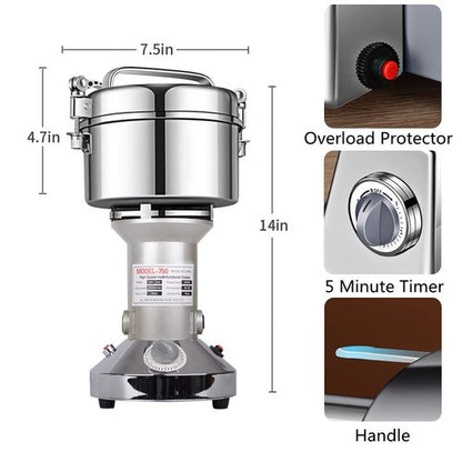 Grain Mill Grinder 750g High Speed Electric Stainless Steel Grinder Cereals Corn Flour Pulverizer Powder Machine for Dry Spice Herbs Grains Coffee Rice Pepper