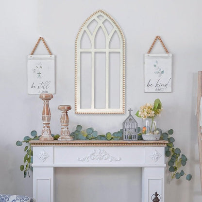 Synovana Arched Wooden Window Frame Wall Decoration, Rustic Farmhouse Wood Window Pane Hanigng Art Decor, 42 inches Gothic Cathedral Style Spire Design Wall Mounted Fake Window Decor, Distressed White