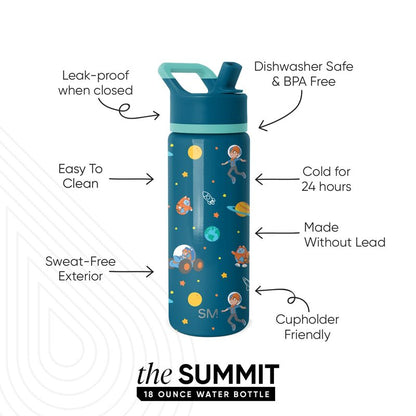 Simple Modern Kids Summit Water Bottle with Straw Lid | Blippi 18oz Stainless Steel Cup Insulated Tumbler for Boys, Girls, School | Blippi Space