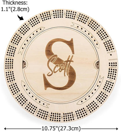 Personalized Wooden Cribbage Board Set Custom Engraved 4 Tracks Design with Name Includes 16 Metal Pegs and Deck of Cards Birthday Gift for Cribbage Lovers (Round)
