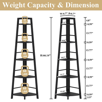 BON AUGURE 5-Tier Corner Shelf, Industrial Tall Corner Bookshelf for Living Room, Narrow Ladder Bookcase with Metal Frame, Rustic Wood Corner Plant Stand for Small Space, Home Office, Black Oak
