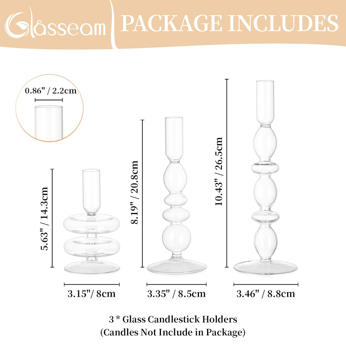Glasseam Glass Candle Stick Holder: Clear Taper Candle Holders Set of 3, Modern Candlestick Holders for Taper Candles, Decorative Candle Holder for Table Centerpiece Wedding Party Christmas Decoration