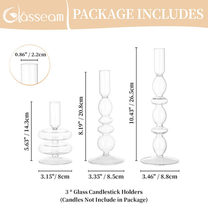 Glasseam Glass Candle Stick Holder: Clear Taper Candle Holders Set of 3, Modern Candlestick Holders for Taper Candles, Decorative Candle Holder for Table Centerpiece Wedding Party Christmas Decoration