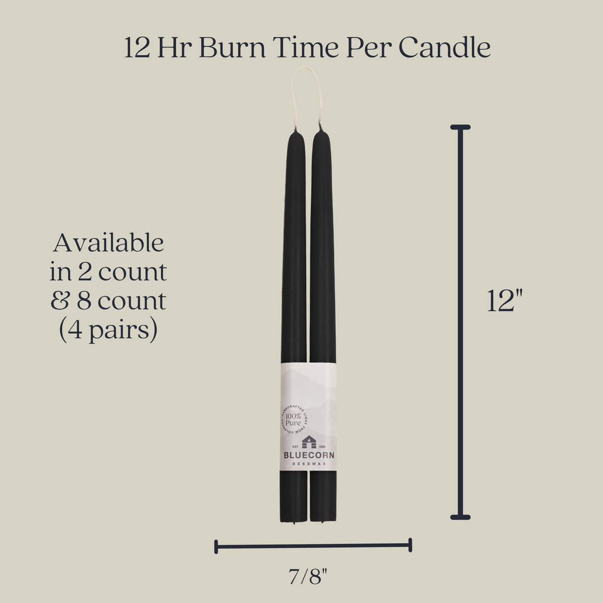 Bluecorn Beeswax Taper Candles, 100% Pure Natural Bees Wax, Pair of 12 Inch Black Tapered Candlesticks, Clean Burning & Dripless, Fragrance Free, Long Lasting, Home Decor, American Made, 1 Count