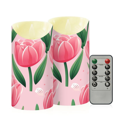 ALAZA Pink Tulip Flower Flickering Flameless Candles Battery Operated with Remote Timer,Tea Light Candles LED Pillar Votive Set of 2 for Outdoor Indoor Decorations 3" x5.9"