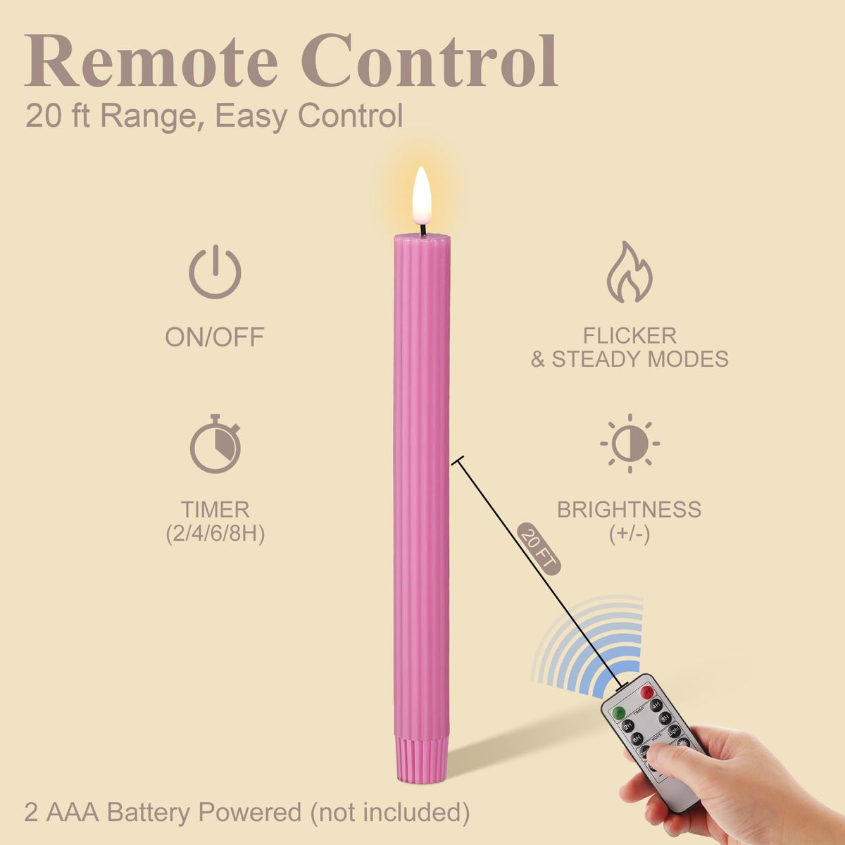 Girimax Hot Pink Ribbed Fluted Flameless Taper Candles with Remote, Flickering Battery LED Wax Candlesticks Wedding Home Decor Set of 4