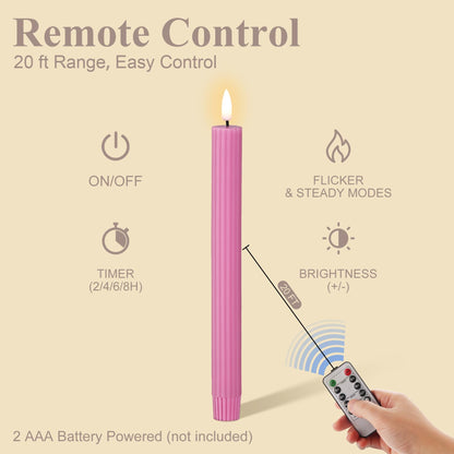 Girimax Hot Pink Ribbed Fluted Flameless Taper Candles with Remote, Flickering Battery LED Wax Candlesticks Wedding Home Decor Set of 4