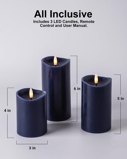 Velsyn Navy Blue Flameless Candles with Remote and Timer, Real Wax Made LED Pillar Candles Battery Operated with 3D Flickering Flame Melted Top, 3" x 4",5",6", Navy Blue Decor, Set of 3