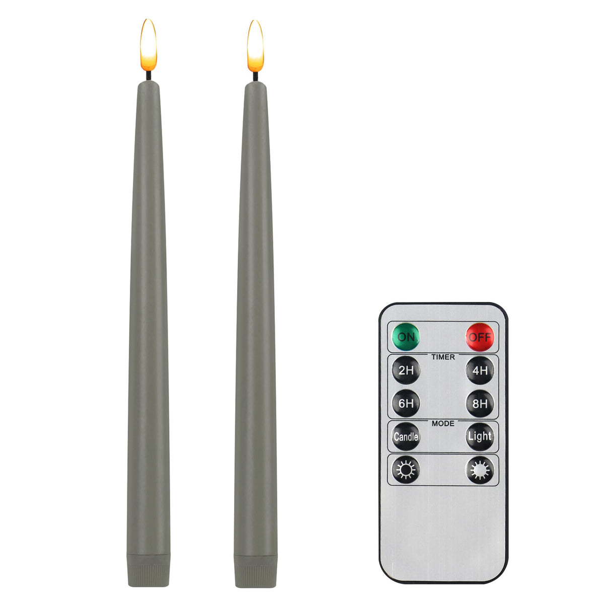 CVHOMEDECO. Flameless Taper Candles with 10-Key Remote, Battery Operated Led Flickering 3D Wick Window Candles Real Wax Finished Home Christmas Party Decor 0.78 x 11 Inch, Pack of 2, Grey