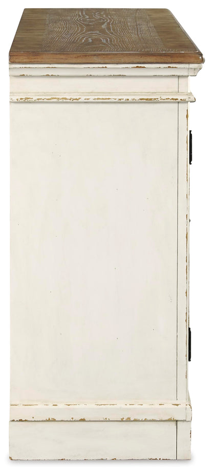 Signature Design by Ashley Realyn French Country Distressed Dining Room Server, 3 Drawers, 2 Cabinet Doors, Wood, 59" W x 17" D x 36.5" H, Chipped White