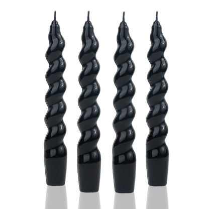 MAITREYA Black Spiral Taper Candles - Conical Stick Candles, Handmade Twisted - Set of 4 for Decoration, Weddings, Party, Church - Unscented, Dripless, 7.5inch