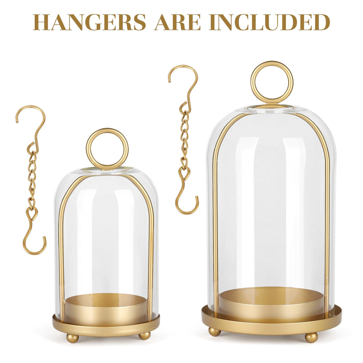 Versatile Metal Candle Holder Set with Handmade Glass Dome,Antique Brass Pillar Candle Stand, 5.2" & 4.1" Wide for Tabletop or Hanging, Industrial & Farmhouse Decor
