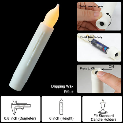 Lezonic 12 Pack Flameless Taper Candles Battery Operated Candlesticks Flickering LED Fake with Dripping for Halloween Christmas, 6 Inch White Wedding Mantel Fall Church Vigil Decor by Touch, No Remote