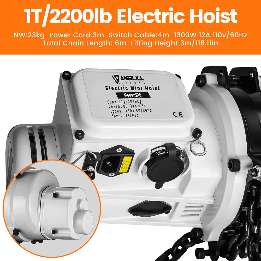 ANBULL 2200lbs FEC Chain Electric Lift Hoist Single Phase Overhead Crane Hoist, DT Grade Carburized Double Chain Hoist with Two 360° Rotatable Hook for Garage Ceiling.(1Ton, 110V,10ft Lift Height)
