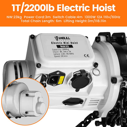 ANBULL 2200lbs FEC Chain Electric Lift Hoist Single Phase Overhead Crane Hoist, DT Grade Carburized Double Chain Hoist with Two 360° Rotatable Hook for Garage Ceiling.(1Ton, 110V,10ft Lift Height)
